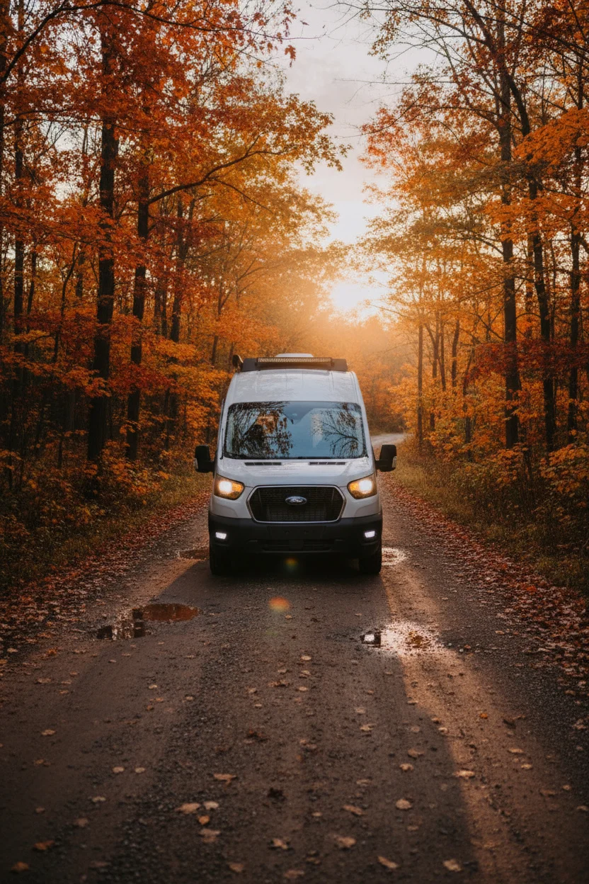 The Drifter 101 custom Ford Transit campervan built for Ayala by Drifter Vans, Drifter layout with warm wood cabinetry, a blue backsplash, flip-down shower, and an Avalanche Grey exterior