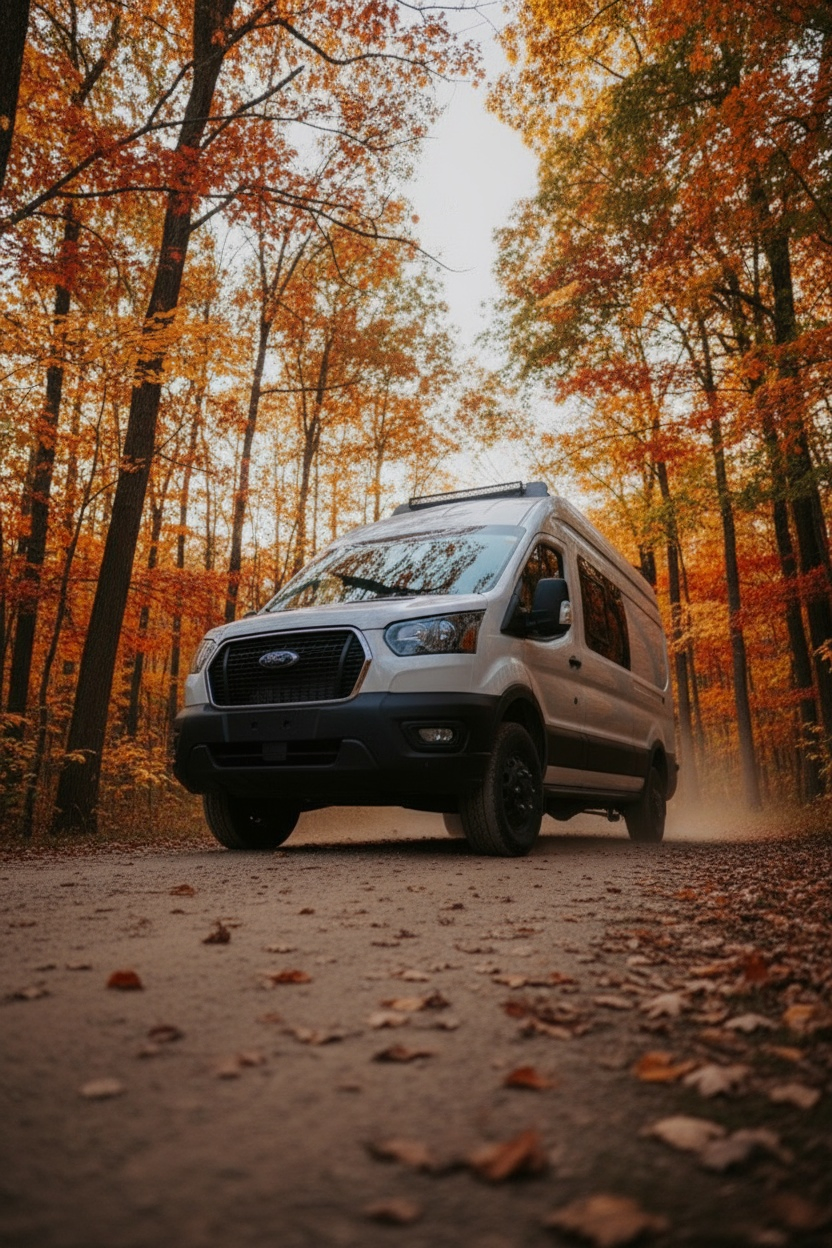 The Drifter 101 custom Ford Transit campervan built for Ayala by Drifter Vans, Drifter layout with warm wood cabinetry, a blue backsplash, flip-down shower, and an Avalanche Grey exterior
