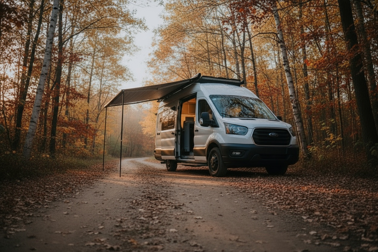 The Drifter 101 custom Ford Transit campervan built for Ayala by Drifter Vans, Drifter layout with warm wood cabinetry, a blue backsplash, flip-down shower, and an Avalanche Grey exterior
