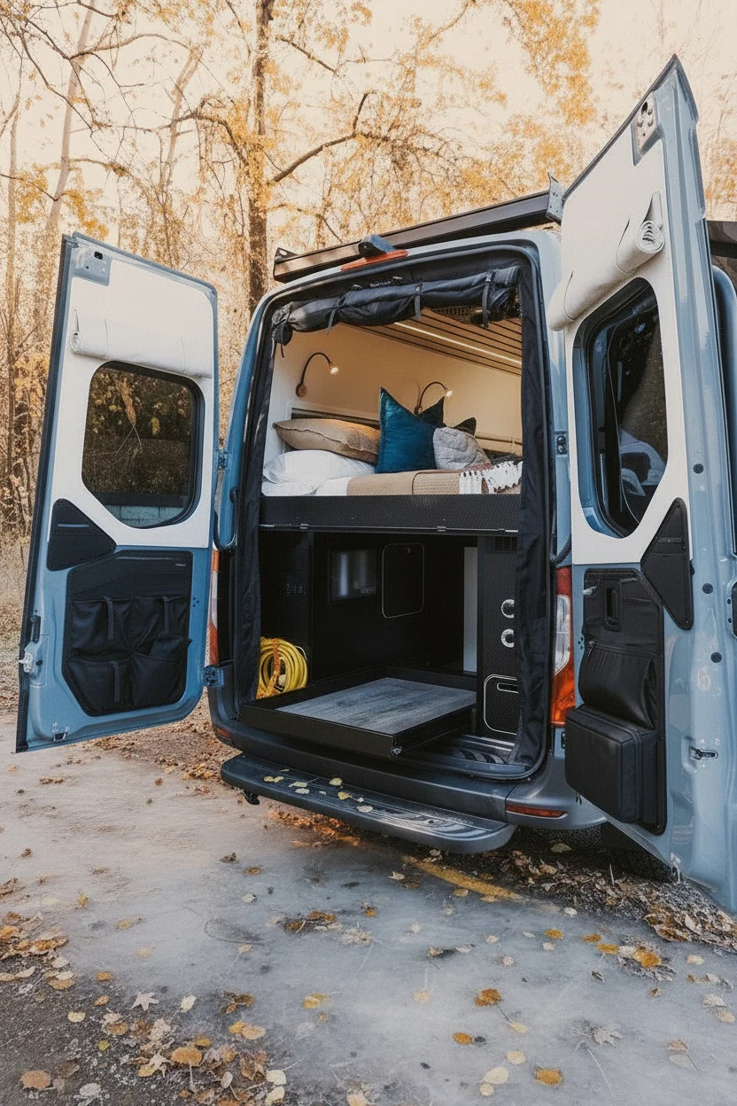 The Drifter 101 custom Mercedes-Benz Sprinter campervan built for Rosa by Drifter Vans, with a natural bamboo interior, built-in dog bowls, and a full bed platform