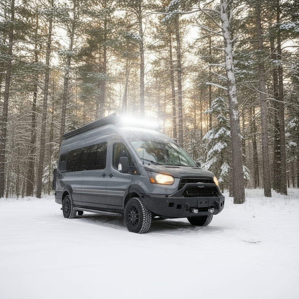 The Drifter 101 custom Ford Transit campervan built for Dan and Karen by Drifter Vans, Nomadik layout with an Indian autumn stone wet bath, trifold door, Aluminus bumper, and FVCO roof rack