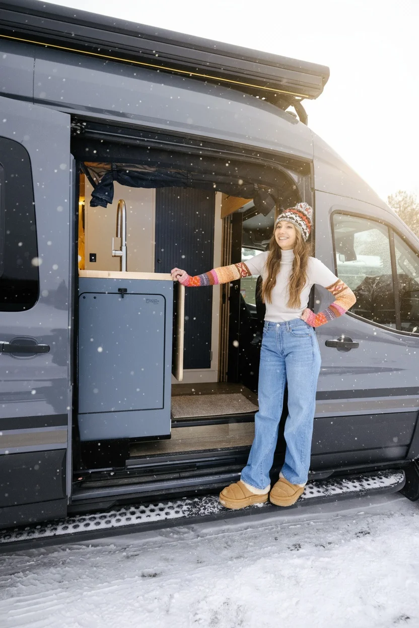 The Drifter 101 custom Ford Transit campervan built for Dan and Karen by Drifter Vans, Nomadik layout with an Indian autumn stone wet bath, trifold door, Aluminus bumper, and FVCO roof rack