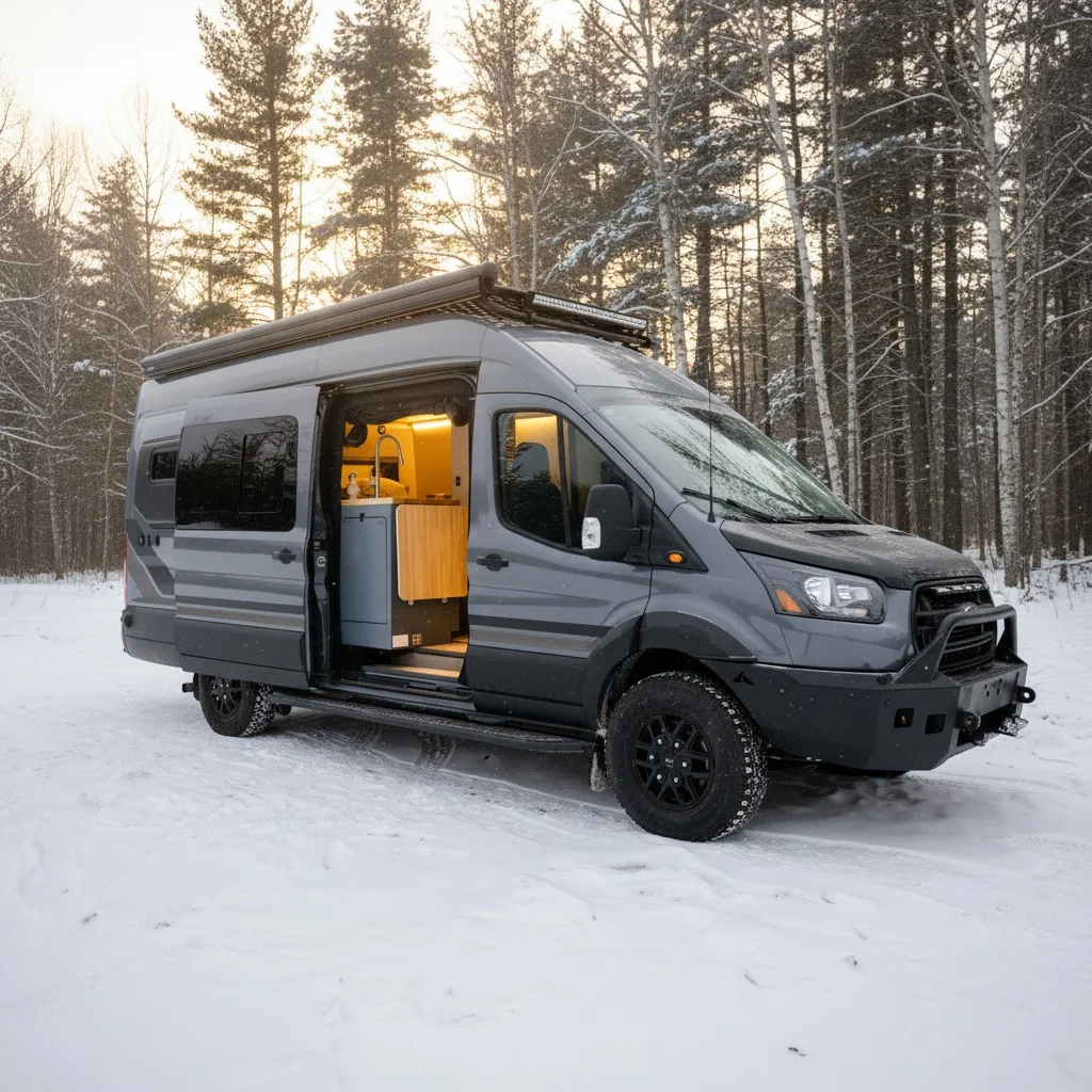 The Drifter 101 custom Ford Transit campervan built for Dan and Karen by Drifter Vans, Nomadik layout with an Indian autumn stone wet bath, trifold door, Aluminus bumper, and FVCO roof rack