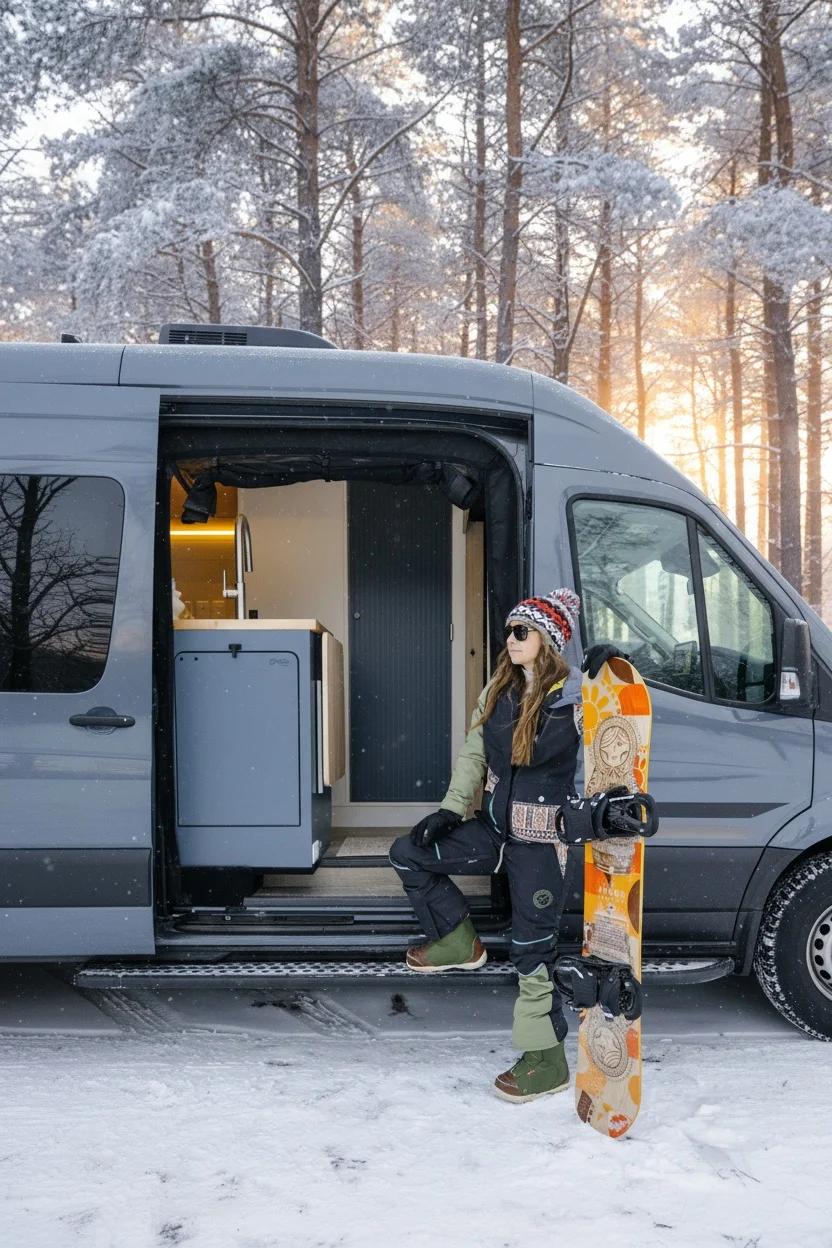 The Drifter 101 custom Ford Transit campervan built for Dan and Karen by Drifter Vans, Nomadik layout with an Indian autumn stone wet bath, trifold door, Aluminus bumper, and FVCO roof rack