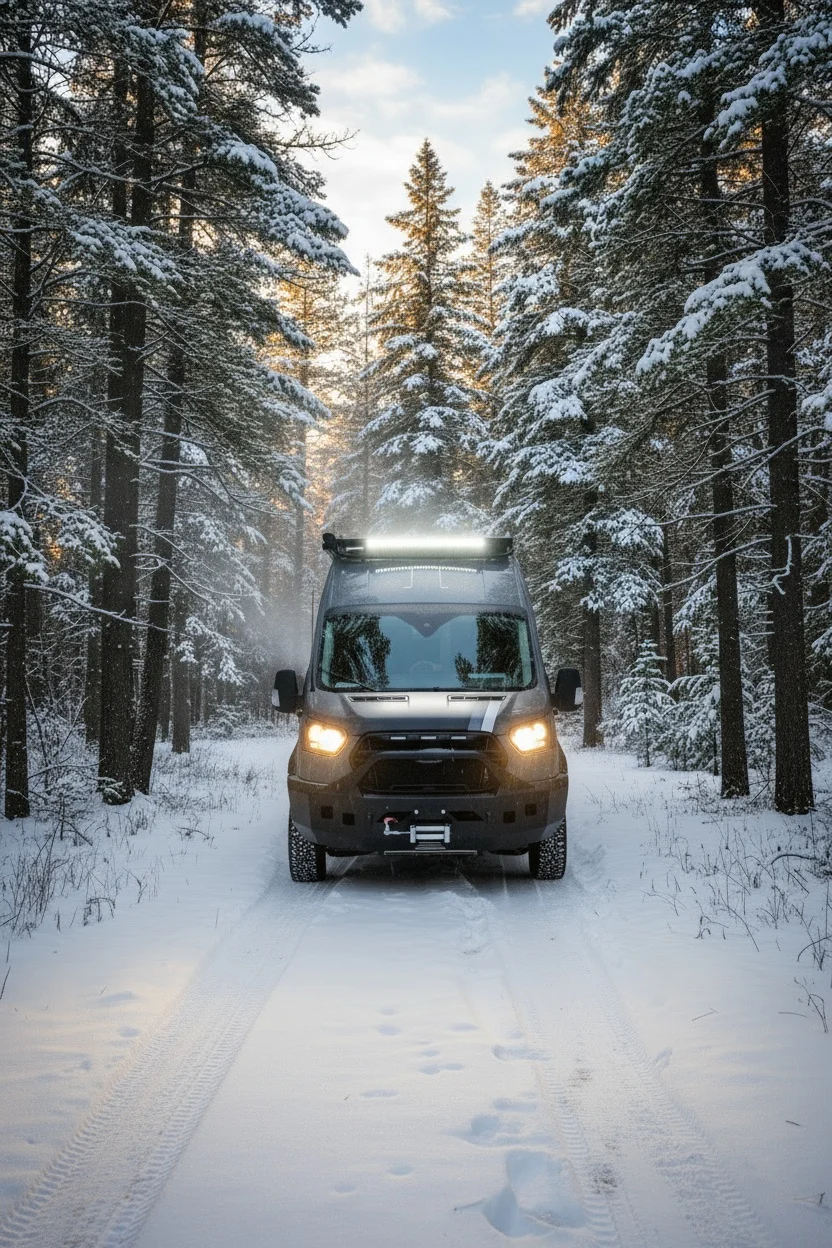 The Drifter 101 custom Ford Transit campervan built for Dan and Karen by Drifter Vans, Nomadik layout with an Indian autumn stone wet bath, trifold door, Aluminus bumper, and FVCO roof rack