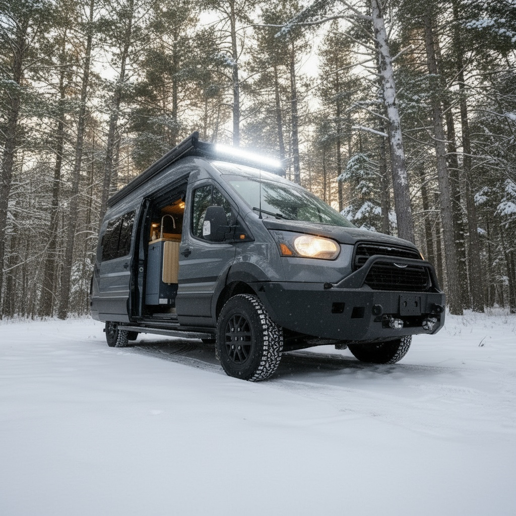 The Drifter 101 custom Ford Transit campervan built for Dan and Karen by Drifter Vans, Nomadik layout with an Indian autumn stone wet bath, trifold door, Aluminus bumper, and FVCO roof rack