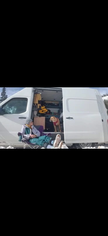 Before Drifter Vans – Tess’s original low-budget van parked in the mountains during her early travel nurse van life days