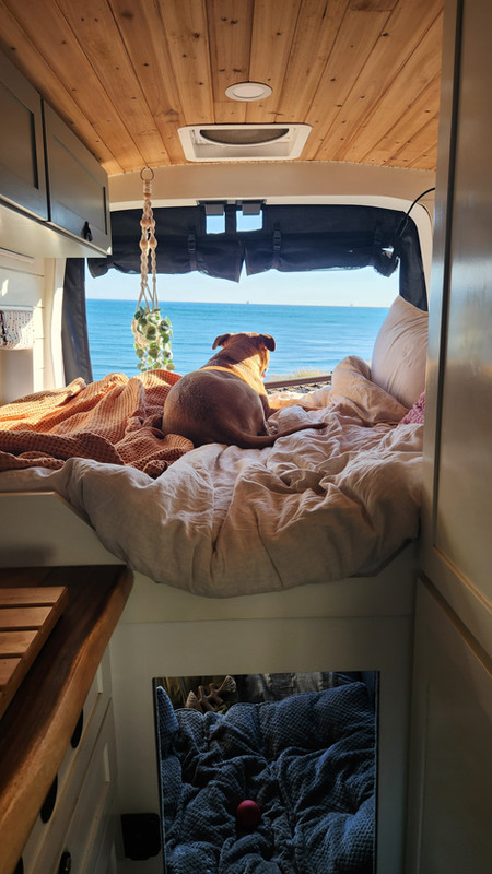 Travel nurse van life – Tess sitting on her bed inside a custom Class B motorhome, looking out at the ocean through the back doors