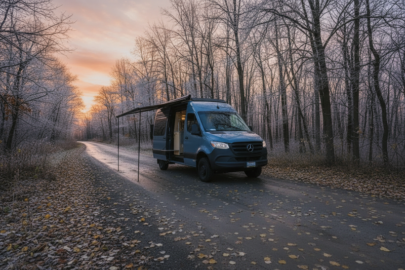 Campervan with snow on the hood