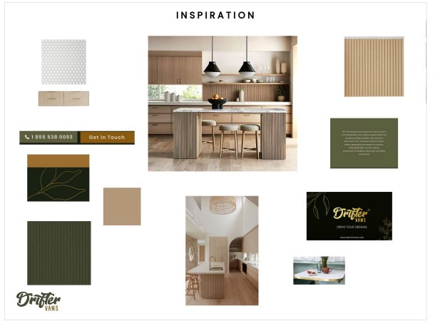 Inspiration mood board for the Drifter Vans 2025 Show Van, featuring color palettes, textures, and design elements for the interior.