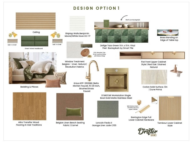 Final options of mood board for Drifter Vans interior design, showcasing color schemes, textures, and finishes for the 2025 show van.