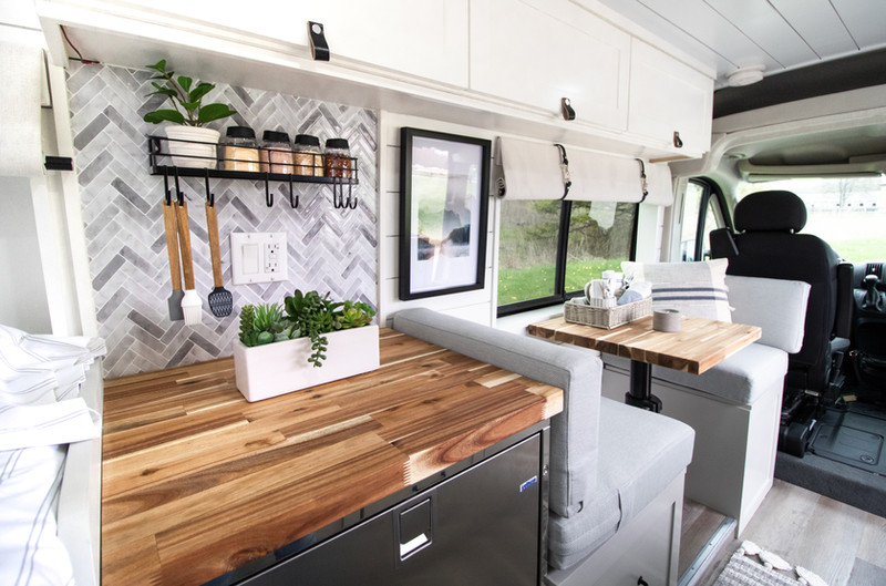 Modern campervan interior with stone backsplash
