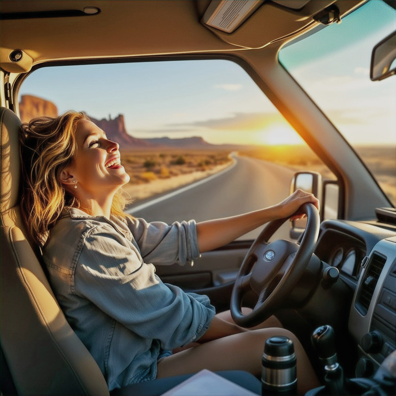 Woman driving her new campervan with the window down, chasing freedom on the open road.