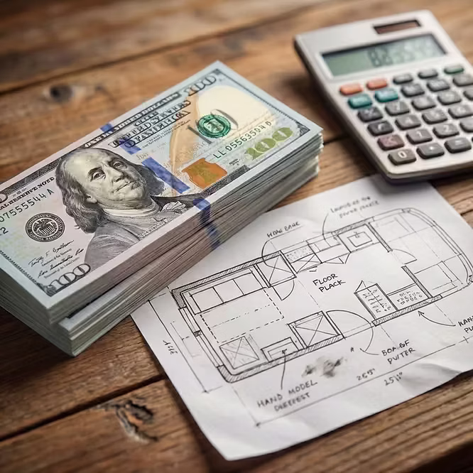 Money and a blueprint on a table