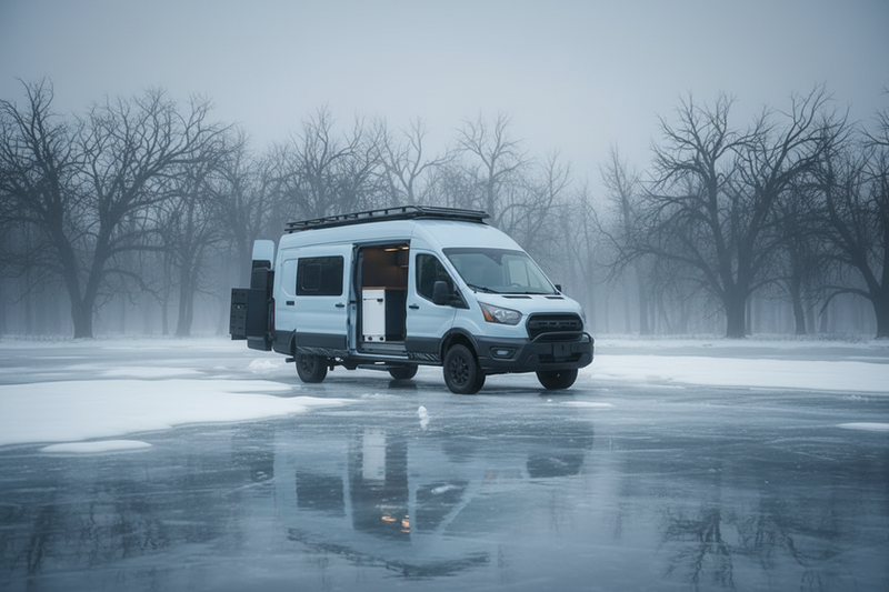 Drifter van sitting on ice in a dark setting