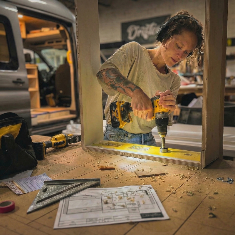 Drifter workshop team working together on a campervan interior, highlighting coachcraft standards and hands-on construction.