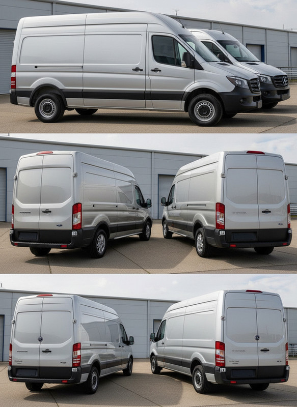 Panel 1 – Sprinter Exterior / Side ViewMercedes Sprinter camper van exterior view highlighting length and touring profile.Panel 2 – Transit Interior / Angle ViewFord Transit camper van interior view showing standing height and open living space.Panel 3 – Sprinter in Repair ShopMercedes Sprinter camper van inside a service bay, illustrating maintenance and repair access.