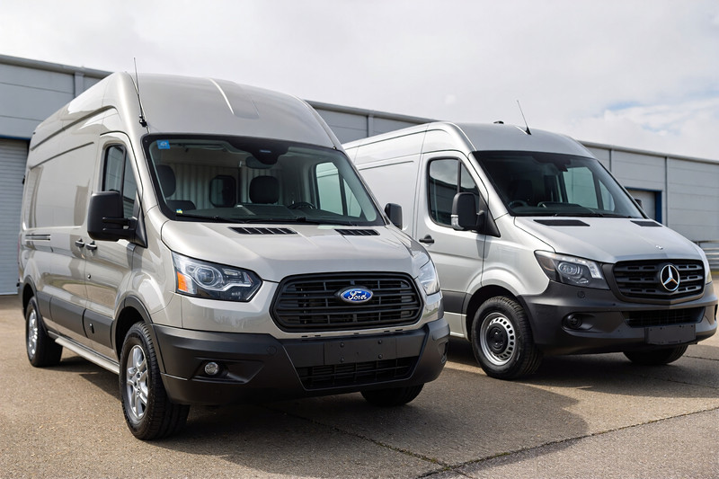 Ford Transit and Mercedes Sprinter camper vans parked side by side inside a workshop, comparing chassis size and build proportions.