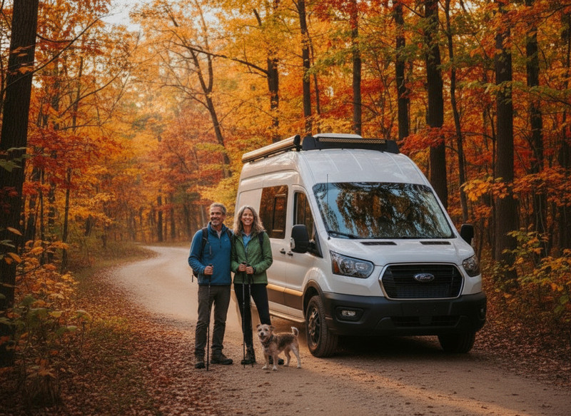 Couple standing in front of their drifter campervan with dog