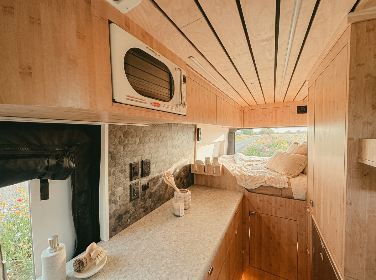 The Drifter 101 custom Ford Transit campervan built for Debra by Drifter Vans, with natural bamboo cabinetry, a skylight, LED ambient lighting, and a stone-style countertop
