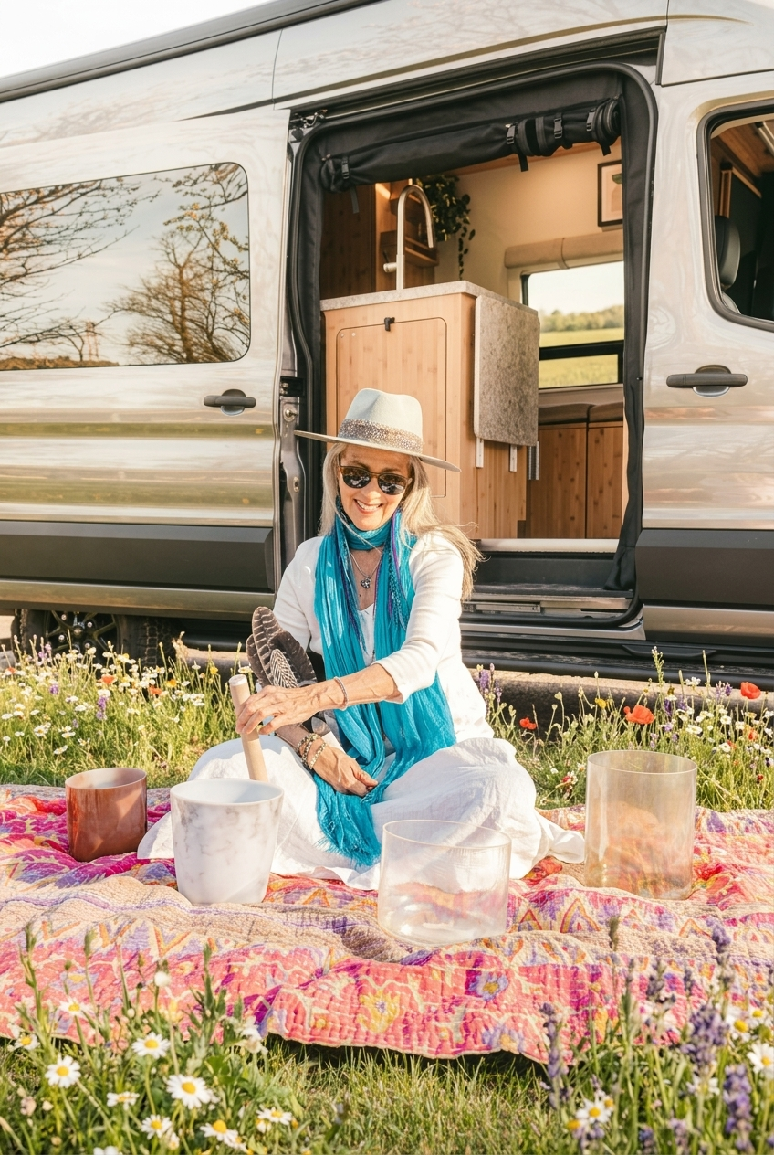 The Drifter 101 custom Ford Transit campervan built for Debra by Drifter Vans, with natural bamboo cabinetry, a skylight, LED ambient lighting, and a stone-style countertop