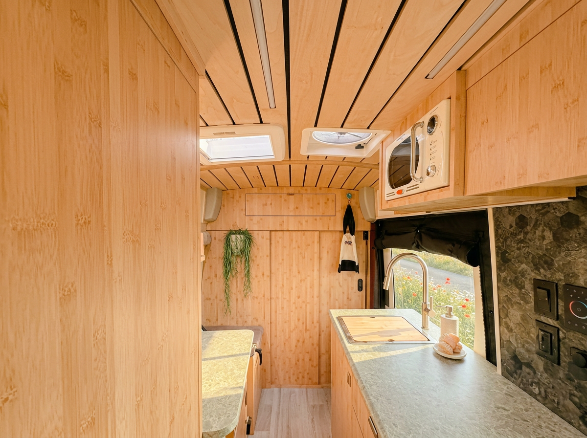 The Drifter 101 custom Ford Transit campervan built for Debra by Drifter Vans, with natural bamboo cabinetry, a skylight, LED ambient lighting, and a stone-style countertop