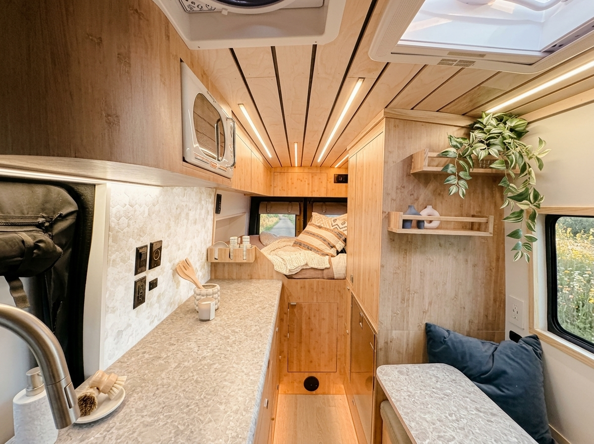 The Drifter 101 custom Ford Transit campervan built for Debra by Drifter Vans, with natural bamboo cabinetry, a skylight, LED ambient lighting, and a stone-style countertop