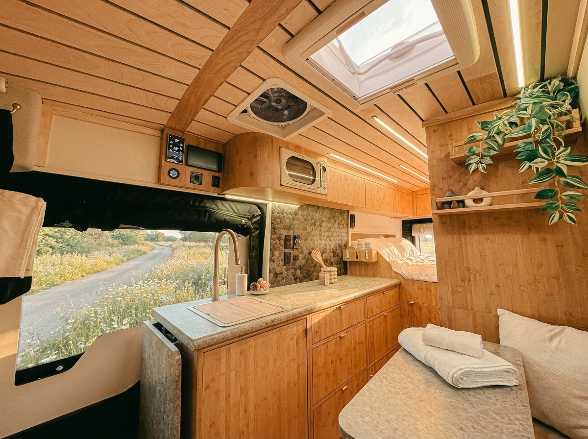 The Drifter 101 custom Ford Transit campervan built for Debra by Drifter Vans, with natural bamboo cabinetry, a skylight, LED ambient lighting, and a stone-style countertop