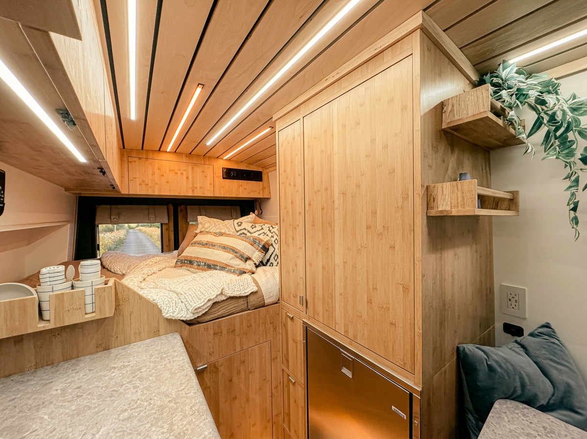 The Drifter 101 custom Ford Transit campervan built for Debra by Drifter Vans, with natural bamboo cabinetry, a skylight, LED ambient lighting, and a stone-style countertop