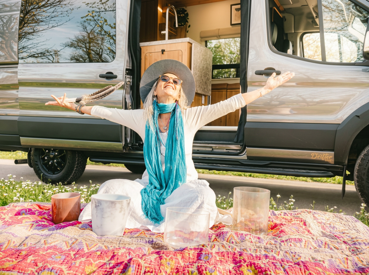 The Drifter 101 custom Ford Transit campervan built for Debra by Drifter Vans, with natural bamboo cabinetry, a skylight, LED ambient lighting, and a stone-style countertop