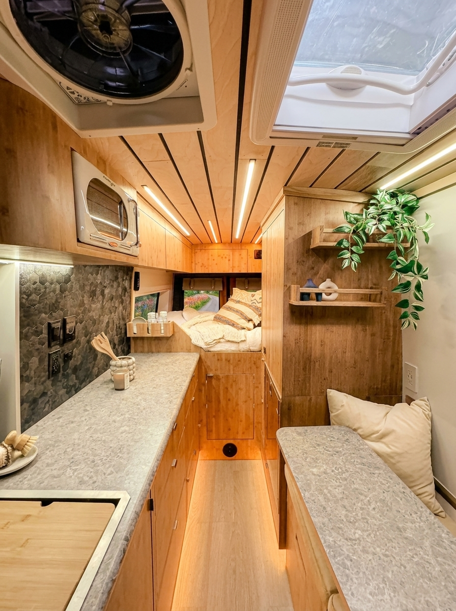 The Drifter 101 custom Ford Transit campervan built for Debra by Drifter Vans, with natural bamboo cabinetry, a skylight, LED ambient lighting, and a stone-style countertop