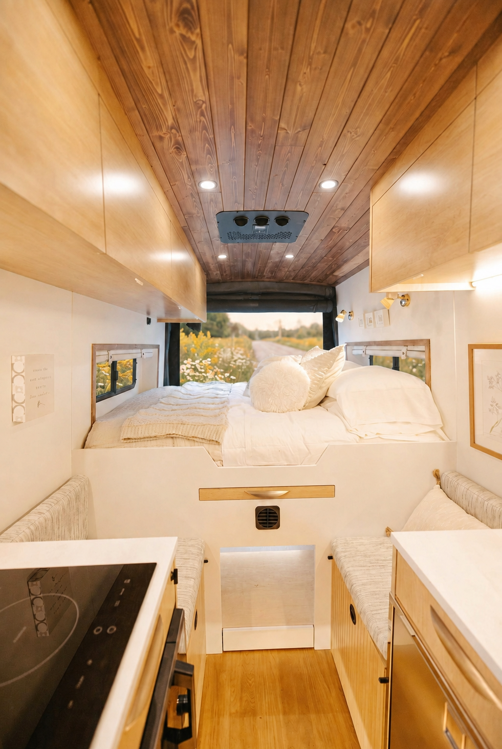 The Drifter 101 custom Ford Transit campervan built for Laura by Drifter Vans, with travertine-style shower tile, a gold rain shower, white cabinetry, and light wood countertops