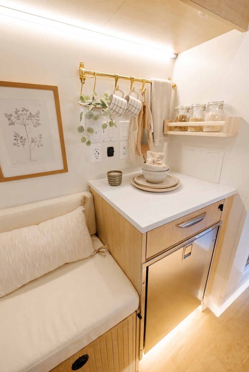 The Drifter 101 custom Ford Transit campervan built for Laura by Drifter Vans, with travertine-style shower tile, a gold rain shower, white cabinetry, and light wood countertops