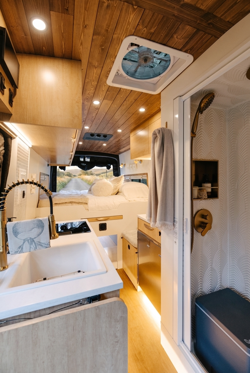 The Drifter 101 custom Ford Transit campervan built for Laura by Drifter Vans, with travertine-style shower tile, a gold rain shower, white cabinetry, and light wood countertops