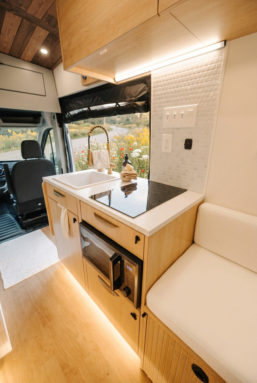 The Drifter 101 custom Ford Transit campervan built for Laura by Drifter Vans, with travertine-style shower tile, a gold rain shower, white cabinetry, and light wood countertops