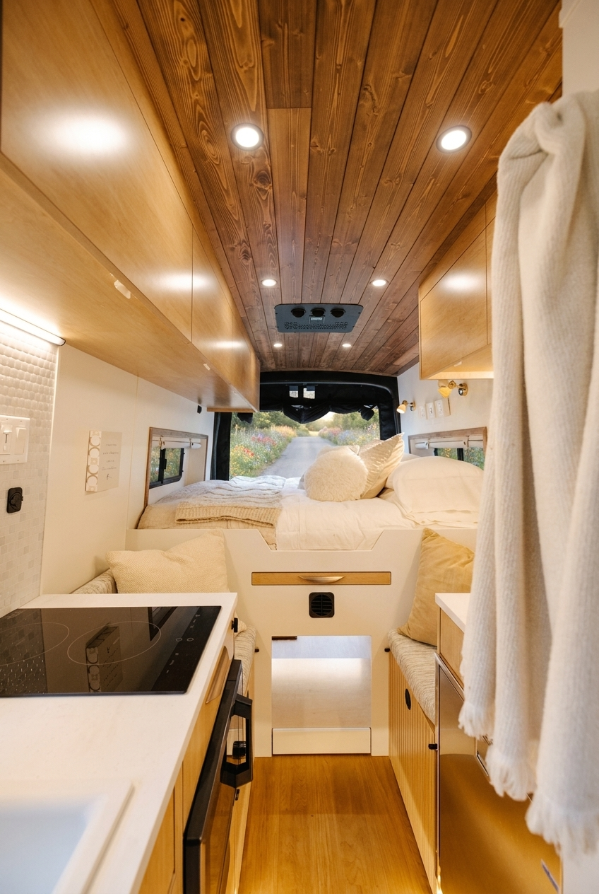 The Drifter 101 custom Ford Transit campervan built for Laura by Drifter Vans, with travertine-style shower tile, a gold rain shower, white cabinetry, and light wood countertops