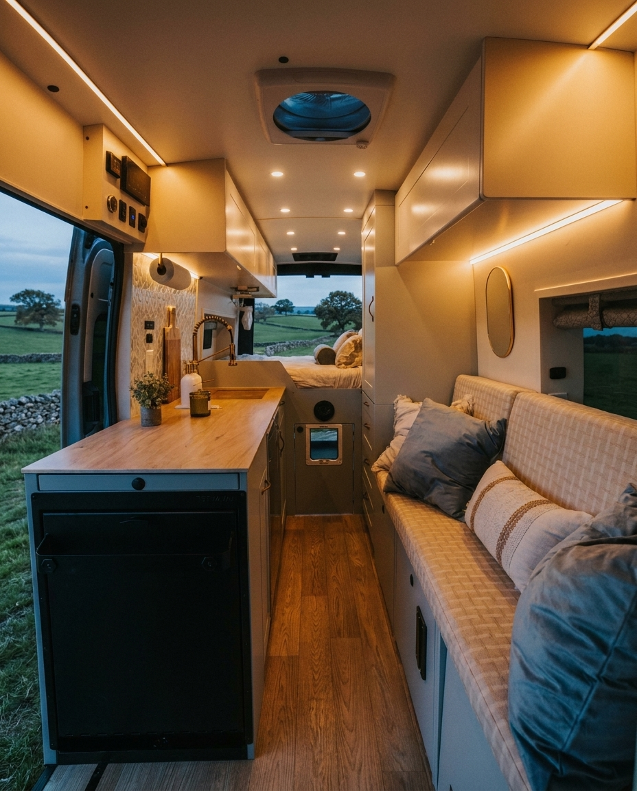 The Drifter 101 custom Ford Transit campervan built for Kathy by Drifter Vans, Drifter layout with Wedgewood Grey cabinetry, a Beige Travertine countertop, vintage brass faucet, and Charlotte Rattan cushions