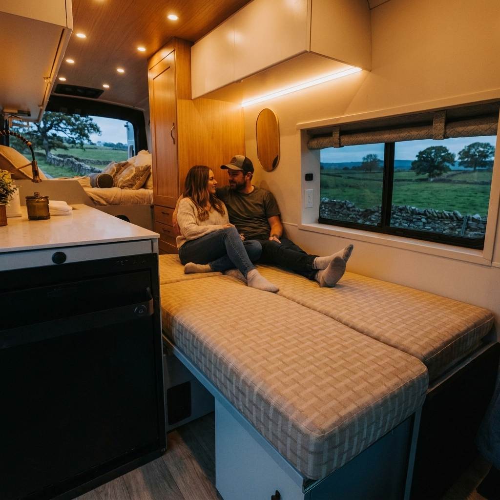 The Drifter 101 custom Ford Transit campervan built for Kathy by Drifter Vans, Drifter layout with Wedgewood Grey cabinetry, a Beige Travertine countertop, vintage brass faucet, and Charlotte Rattan cushions