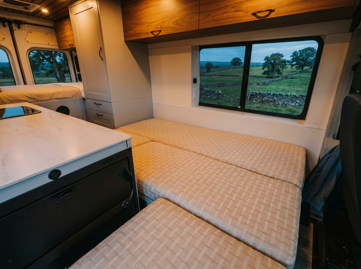 The Drifter 101 custom Ford Transit campervan built for Kathy by Drifter Vans, Drifter layout with Wedgewood Grey cabinetry, a Beige Travertine countertop, vintage brass faucet, and Charlotte Rattan cushions