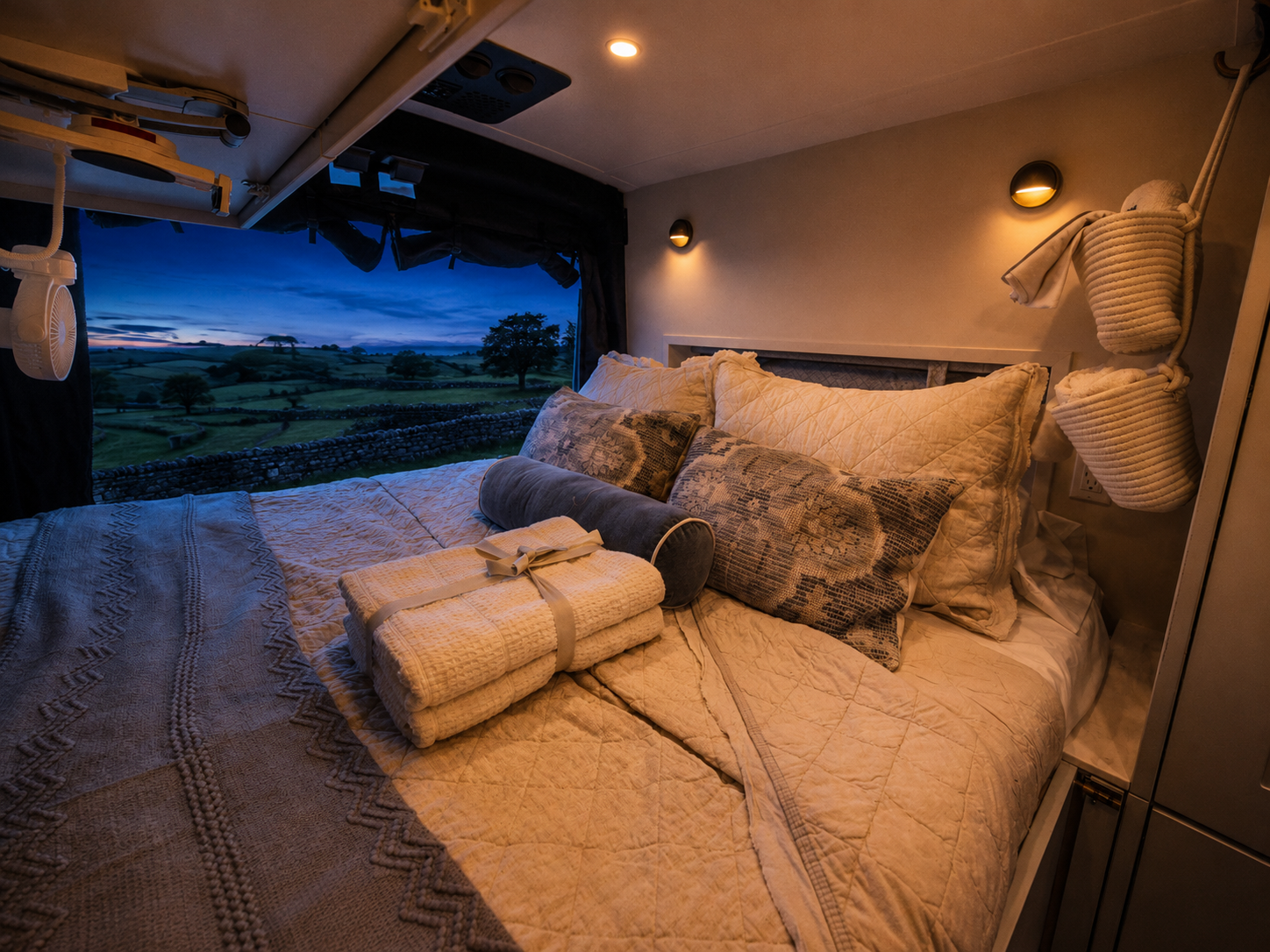 The Drifter 101 custom Ford Transit campervan built for Kathy by Drifter Vans, Drifter layout with Wedgewood Grey cabinetry, a Beige Travertine countertop, vintage brass faucet, and Charlotte Rattan cushions