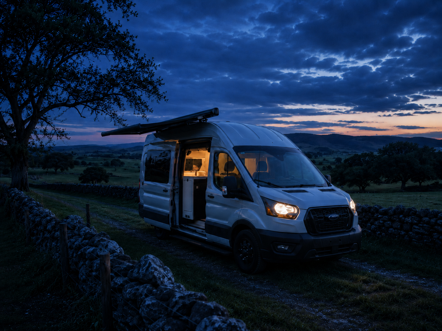 The Drifter 101 custom Ford Transit campervan built for Kathy by Drifter Vans, Drifter layout with Wedgewood Grey cabinetry, a Beige Travertine countertop, vintage brass faucet, and Charlotte Rattan cushions
