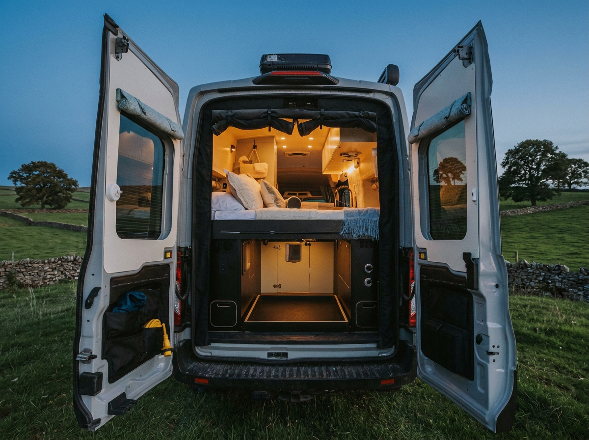 The Drifter 101 custom Ford Transit campervan built for Kathy by Drifter Vans, Drifter layout with Wedgewood Grey cabinetry, a Beige Travertine countertop, vintage brass faucet, and Charlotte Rattan cushions