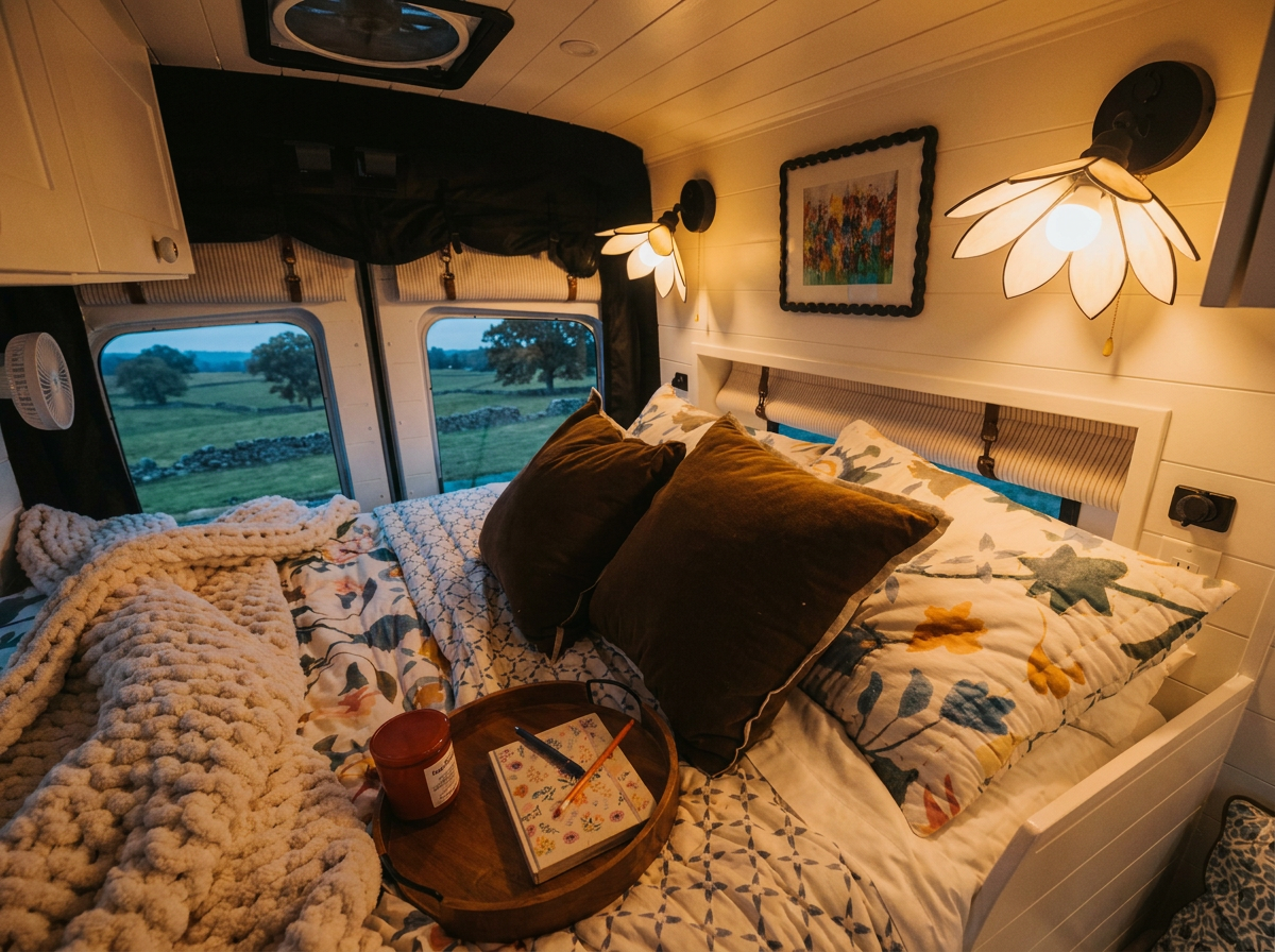 The Drifter 101 custom Ford Transit campervan built for Michelle by Drifter Vans, Nomadik layout with Lehigh Green cabinetry, Alabaster shiplap, a custom white oak shower door, and a stage 4 lift