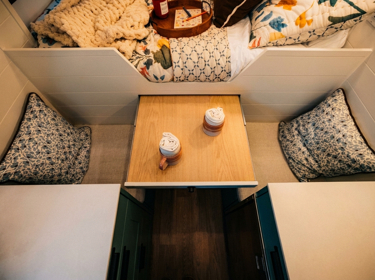 The Drifter 101 custom Ford Transit campervan built for Michelle by Drifter Vans, Nomadik layout with Lehigh Green cabinetry, Alabaster shiplap, a custom white oak shower door, and a stage 4 lift