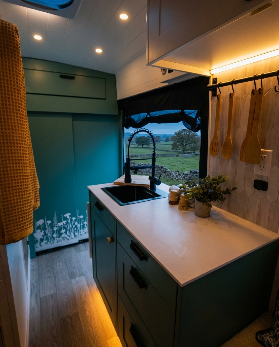 The Drifter 101 custom Ford Transit campervan built for Michelle by Drifter Vans, Nomadik layout with Lehigh Green cabinetry, Alabaster shiplap, a custom white oak shower door, and a stage 4 lift