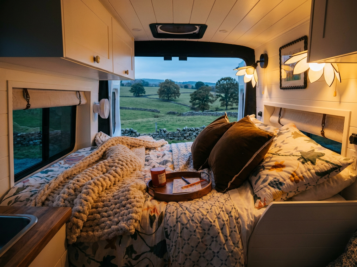 The Drifter 101 custom Ford Transit campervan built for Michelle by Drifter Vans, Nomadik layout with Lehigh Green cabinetry, Alabaster shiplap, a custom white oak shower door, and a stage 4 lift