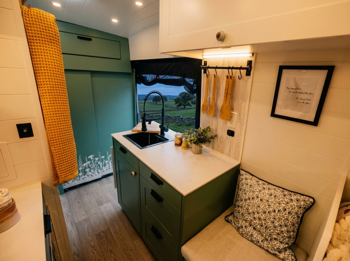 The Drifter 101 custom Ford Transit campervan built for Michelle by Drifter Vans, Nomadik layout with Lehigh Green cabinetry, Alabaster shiplap, a custom white oak shower door, and a stage 4 lift