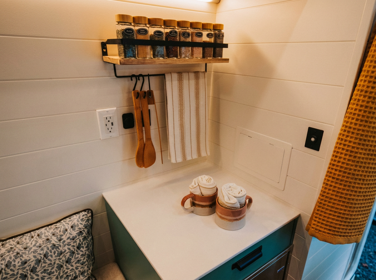 The Drifter 101 custom Ford Transit campervan built for Michelle by Drifter Vans, Nomadik layout with Lehigh Green cabinetry, Alabaster shiplap, a custom white oak shower door, and a stage 4 lift