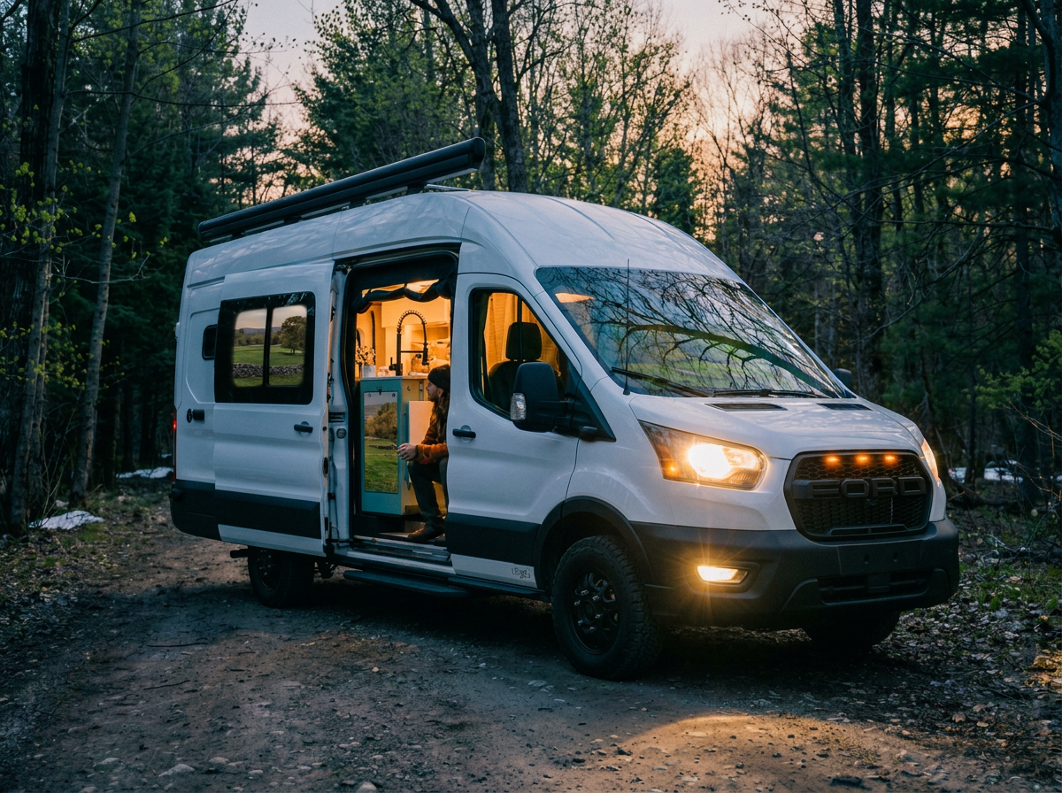 The Drifter 101 custom Ford Transit campervan built for Michelle by Drifter Vans, Nomadik layout with Lehigh Green cabinetry, Alabaster shiplap, a custom white oak shower door, and a stage 4 lift