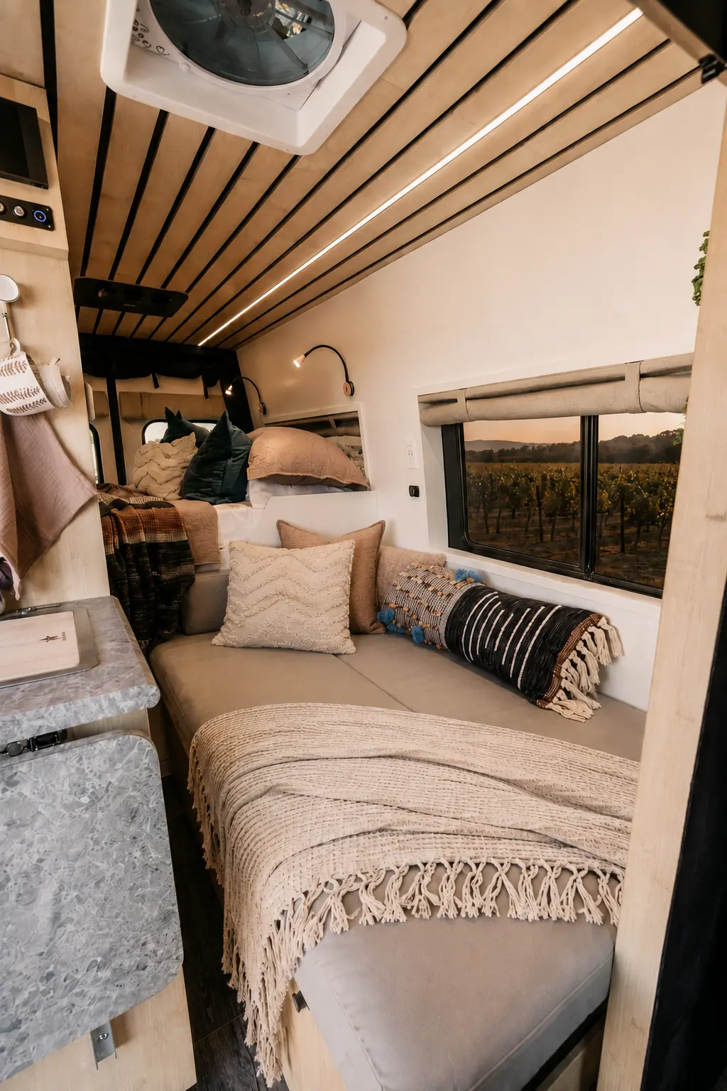 The Drifter 101 Mercedes-Benz Sprinter campervan built for Rosa by Drifter Vans: lounge bench with layered pillows beside the stone-look kitchen counter, vineyard sunset through the window